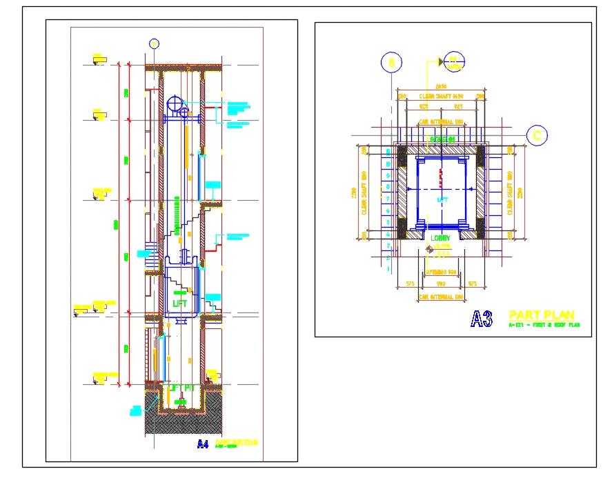 Lift CAD Drawing- Car and Machine Room Section